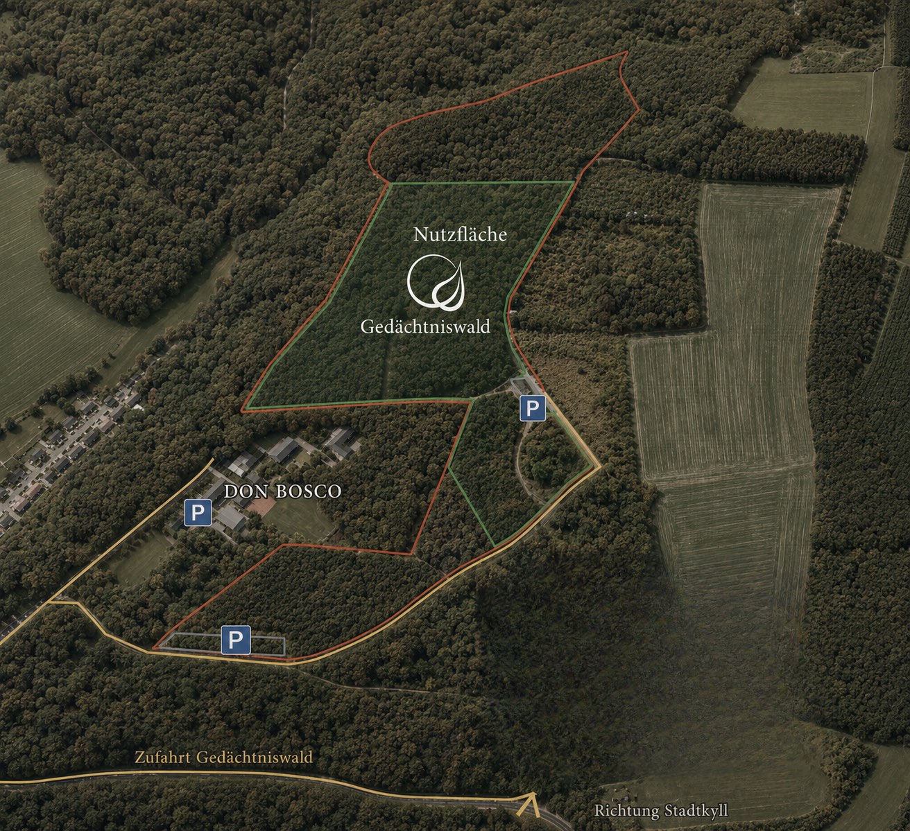 Lageplan des Gedächtniswaldes Jünkerath: Luftbild mit Nutzfläche, Don Bosco Haus, Parkplätzen und Zufahrt